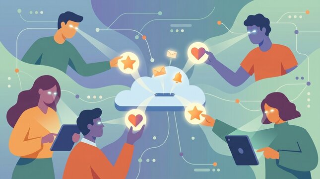 Diverse people interacting with cloud technology and digital data exchange in a modern abstract illustration