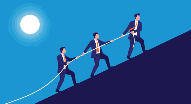 Team of businessmen pulling rope uphill symbolizing teamwork cooperation effort success struggle leadership support growth collaboration teamwork strategy.
