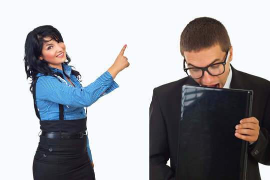 Woman points at man holding a folder