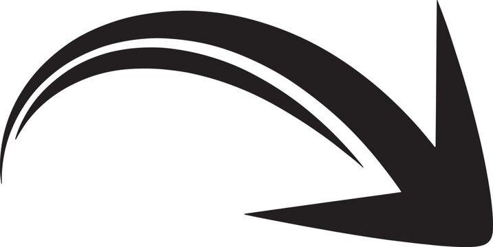 Vector Illustration Black double curved arrow icon pointing down to right side isolated on transparent background for dynamic movement art.