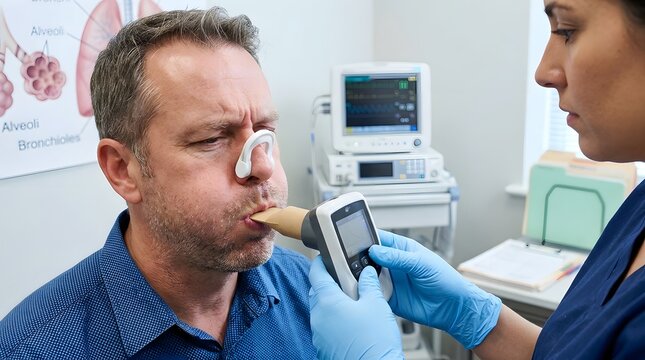 Man performing a lung function spirometry test by blowing into a spirometer device while a female nurse assists in a clinic, concept of respiratory health checkup, breathing test and pulmonary 
