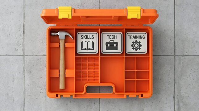 Open orange toolbox with tools and three icon labels reading Skills Tech and Training, conceptual image symbolizing professional skill development, technical learning and career training resources