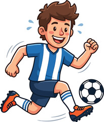 Obraz premium Happy boy soccer player running and dribbling ball cartoon character vector illustration. Friendly young football athlete in blue and white striped jersey sprinting with ball, active child playing spo