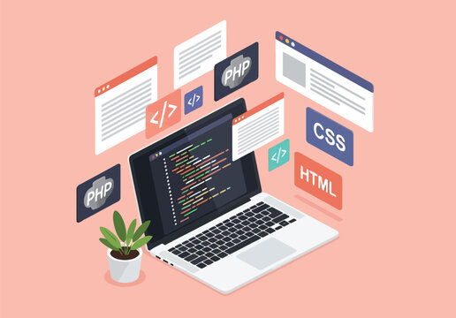 Laptop displaying programming code with floating HTML, CSS, and PHP icons, illustrating web development, coding, and software engineering concepts.