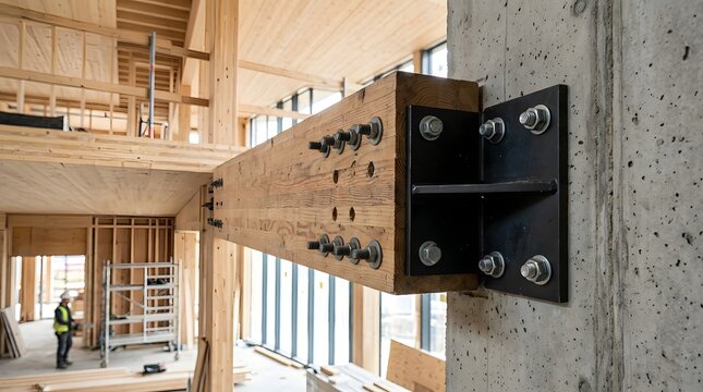 Close-up of a steel bracket connection bolting a glued laminated timber beam to a concrete column at a mass timber construction site, modern sustainable engineering with cross-laminated wood structure