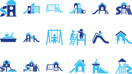 Playground equipment icons for children with slides swings sandboxes and climbing structures fun outdoor play. © Abdul