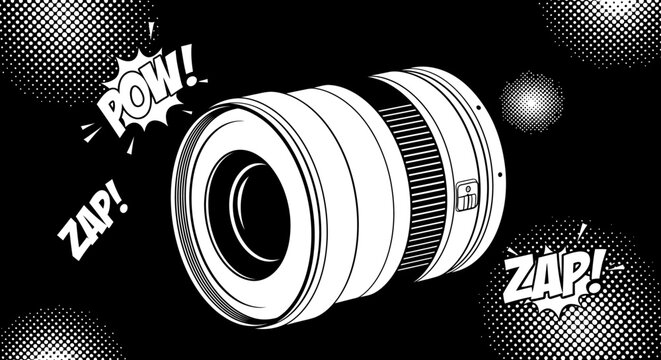 Camera Lens with Comic Book Sound Effects.