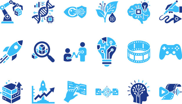 Technology and innovation icons robot DNA circuit board eye plant brain AI robot arm futuristic technology.