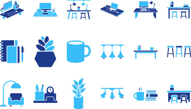Home office setup icons showing desks chairs lamps plants notebooks for remote work and study spaces.