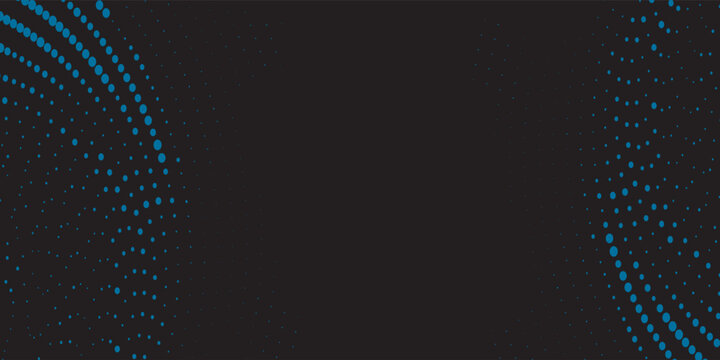 Abstract halftone dot wave pattern on a dark background, featuring flowing curved shapes on both sides with a glowing blue effect and a clean central copy space for modern digital design.