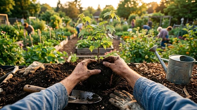 First person view of hands planting a young green sapling in rich dark soil at a community garden during sunset.