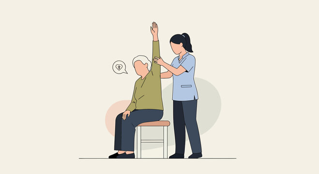 Physical therapist assisting elderly woman with arm exercise, rehabilitation and care concept
