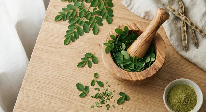 fresh moringa oleifera leaves in wooden mortar with powder and dried pods on wood table flat lay