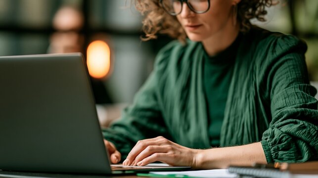 professional woman reviewing documents on laptop in modern office