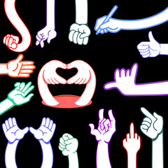 Fototapeta premium Hand drawn hand signs and gestures pack displaying comprehensive collection of fourteen cartoon arms signals on dark background layout poster banner template design isolated clip art.