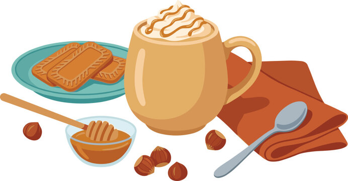 Cozy Hazelnut Coffee Mug with Whipped Cream, Caramel Drizzle, Speculoos Cookies, Honey, Spoon, and Napkin for Autumn Cafe Dessert Menu Designs