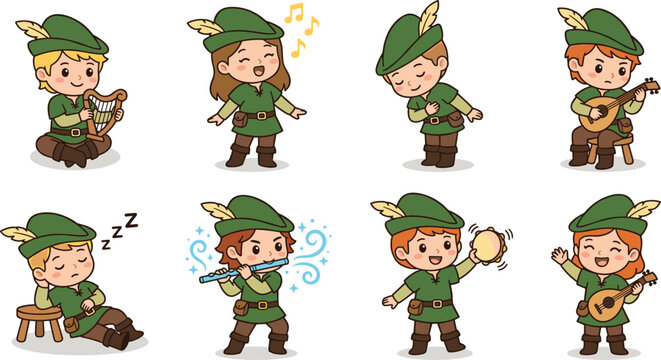 Cute Medieval Bard and Troubadour Chibi Character Vector Set Playing Harp, Lute, Flute, and Singing for Fantasy Game, Storybook, and Children Designs