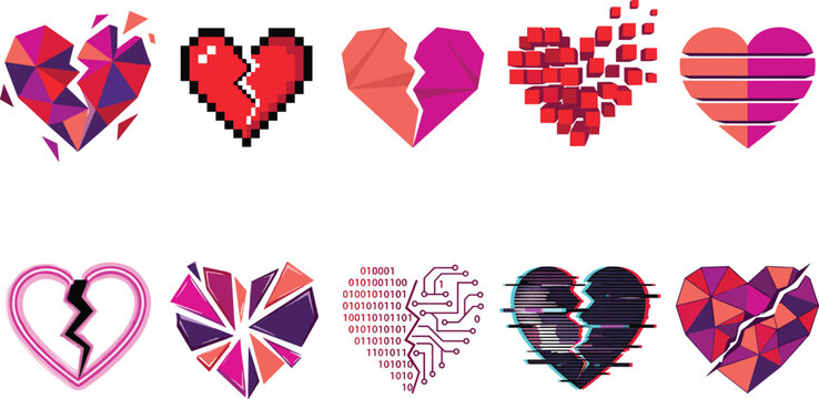 Digital and Low Poly Broken Heart Icon Set with Pixel Art, Glitch, Origami, and Circuit Board Concepts for Technology, Heartbreak, and Game Designs