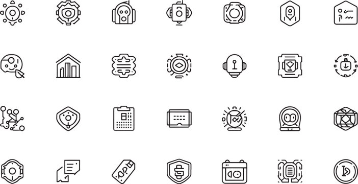 Modern Linear Technology Symbols Collection, Black Outline Cyber Defense and Hardware Dashboard Badges Kit