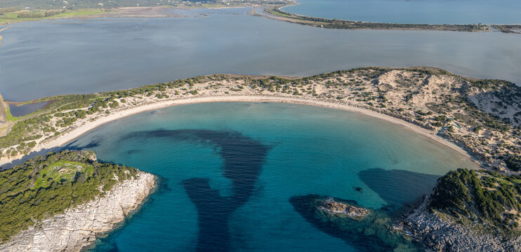 Aerial drone view of Voidokilia Beach Messenia Greece