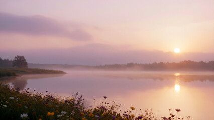 Naklejka premium Sonnenaufgang am See mit Nebel und Wildblumen