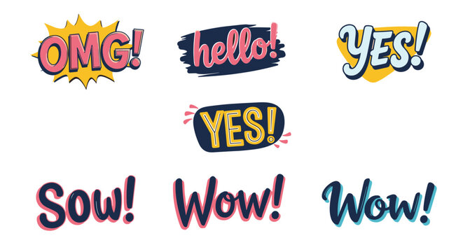 Comic style speech bubbles with vibrant colors and bold typography featuring words like omg hello and wow for expressive messaging.