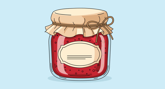 Homemade fruit jam in a glass jar features a decorative paper cover and string tie to emphasize a rustic and artisanal quality.