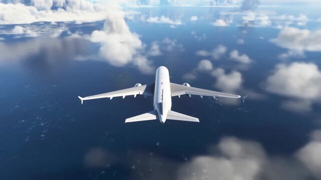 Majestic airplane flying over ocean through scenic sky with clouds