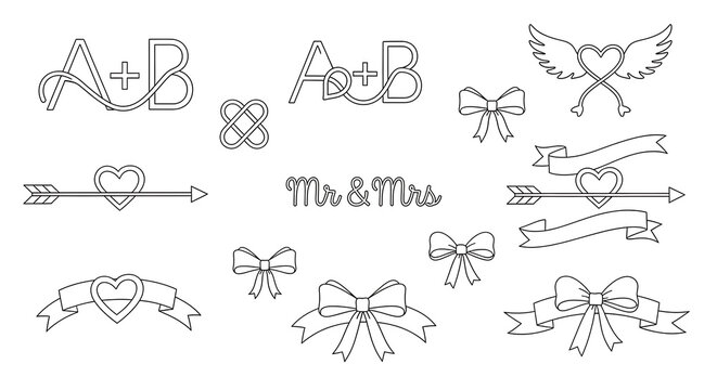 Minimalist wedding symbols and initials isolated on a transparent background, monogram initials line, heart shapes