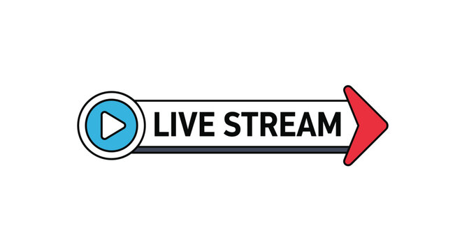 Live stream button design features a play icon and a bold red arrow to encourage viewers to join a real-time digital broadcast.