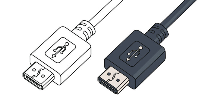 USB and HDMI cable connectors are illustrated in both a simple line drawing and a detailed grey and black color version.
