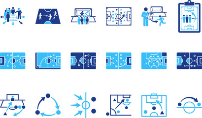 Sports strategy and tactics icons soccer field play and team formation diagrams. © Abdul