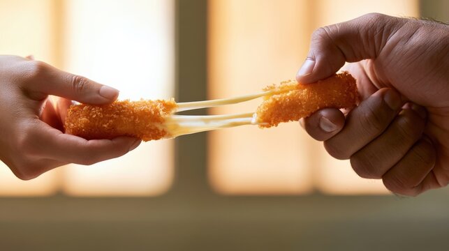 close-up of male and female hands pulling a crispy mozzarella stick with long gooey cheese stretch, warm window light, shallow depth of field