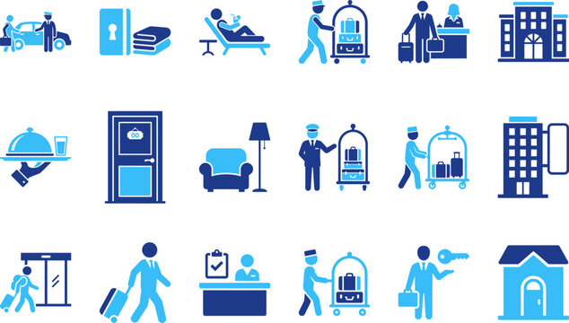 Hotel service icons flat design blue and light blue for hospitality business.
