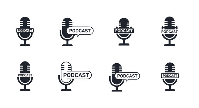 Diverse collection of podcast microphone icons and logos in black and white styles featuring the word podcast in various speech bubbles.