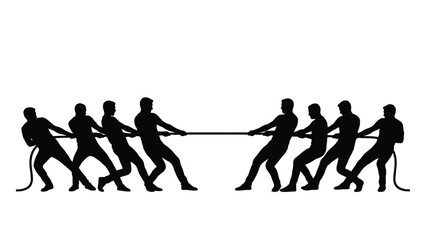 Obraz premium people playing tug of war silhouette game teamwork competition contest strength effort activity outdoor recreation leisure fun black white contrast graphic illustration