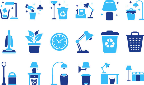 Home cleaning and office objects flat design blue light blue icons.