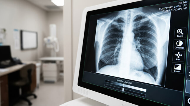 Digital chest xray monitor with human lungs scanning results in radiology room clinic interior. Radiography (X-ray) acquisition workstation screen interface. Medical diagnostic equipment. Copy-space.
