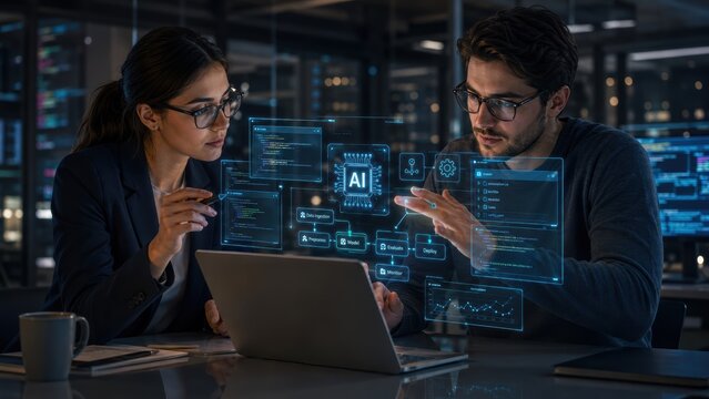 Business colleagues using laptop with AI dashboard for collaboration, data analysis, cloud workflow and digital strategy