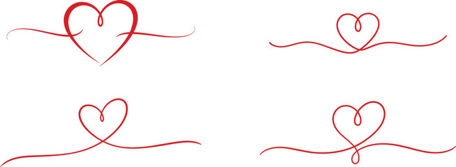 Set of hand drawn red hearts with decorative flourishes, continuous line art style, romantic design elements for greeting cards isolated on transparent background © Arwa