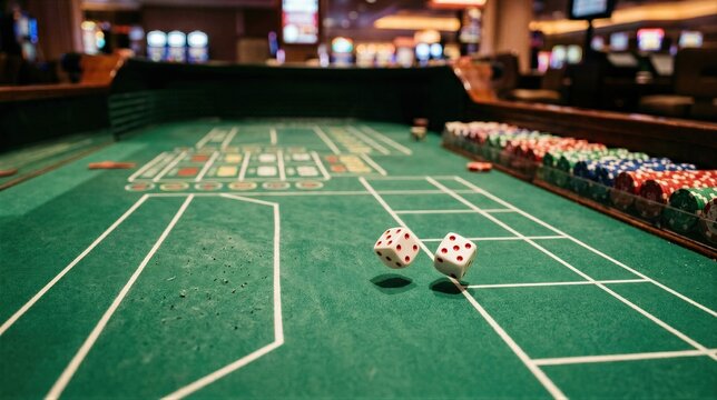 Two dice flying over green craps table in casino. Rolling dice during gambling game at night. Wealth, risk and luck concept. Entertainment atmosphere in luxury professional gaming room.