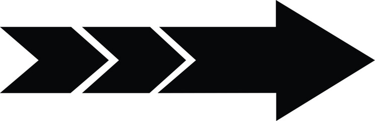 Black directional arrow composed of three segments pointing right isolated on a white background, for navigation and signage © GFX