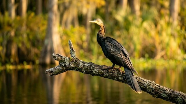 anhinga on tree branch in everglades national park florida golden sunlight video 4K