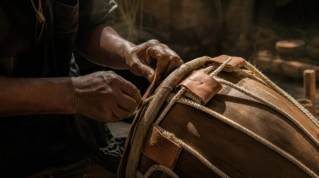 Closeup of a craftsmans hands working on a drum.