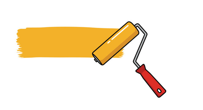 Industrial paint roller tool icon showing a yellow roller with a red handle leaving a broad orange paint stroke on a white background.