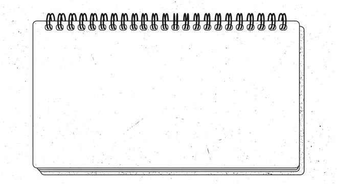 Empty landscape oriented spiral notebook outline illustration showing a blank white page and many black rings along the top edge.