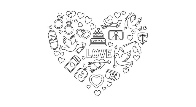Whimsical love heart with symbols and emblems isolated on a transparent background, heart love symbols
