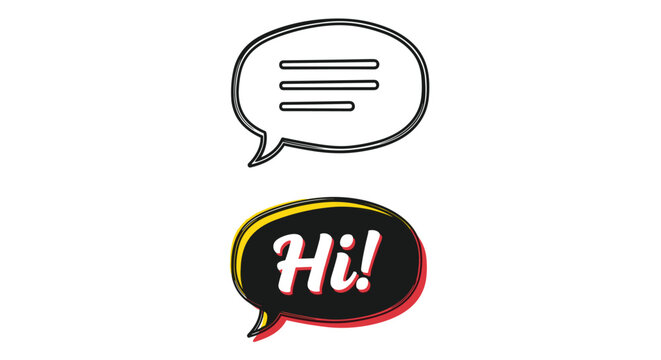 Speech bubble icons set featuring a simple line art dialogue box with text lines and a solid black version with a white Hi! message.