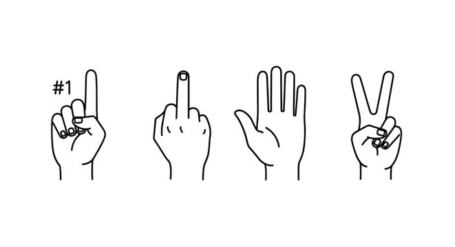 Collection of four hand gesture icons in black and white line art including pointing number one, middle finger, open palm, and peace sign.