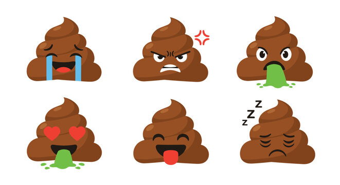 Funny set of six poop emoji characters displaying different facial expressions like angry crying in love and sleeping with icons.